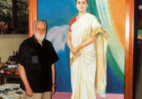 Святослав Рерих в своей мастерской, у портрета Индиры Ганди. Имение «Татгуни», 1985