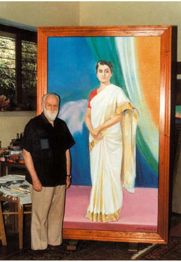 Святослав Рерих в своей мастерской,у портрета Индиры Ганди. Имение «Татгуни», 1985
